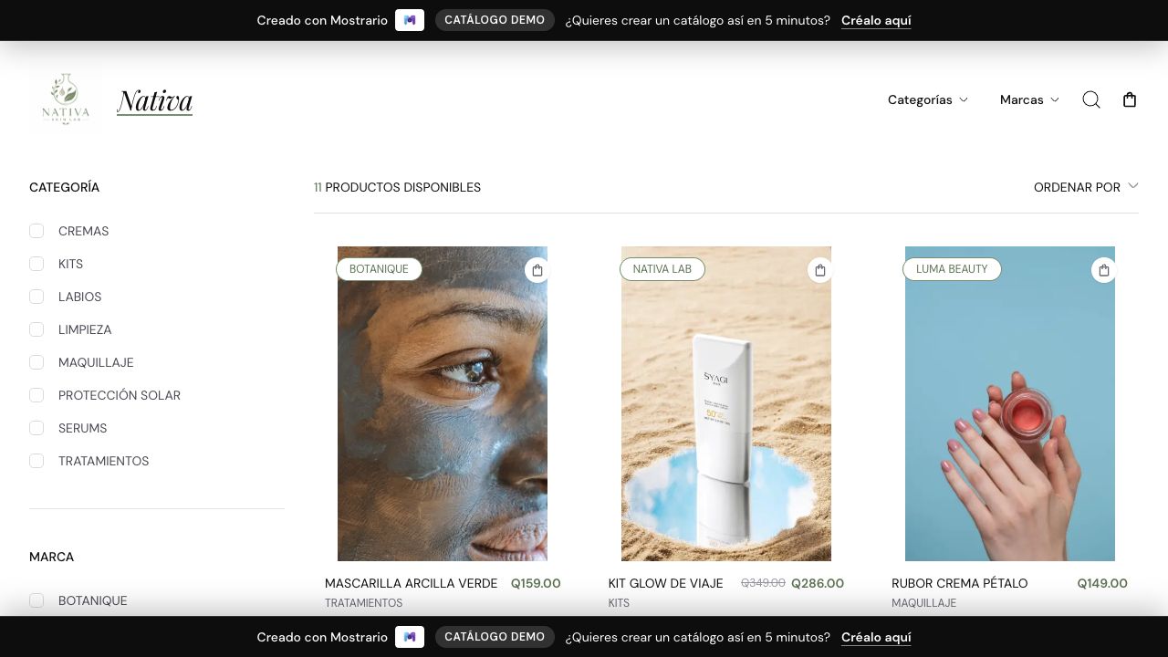 Vista del catálogo Nativa Skin Lab