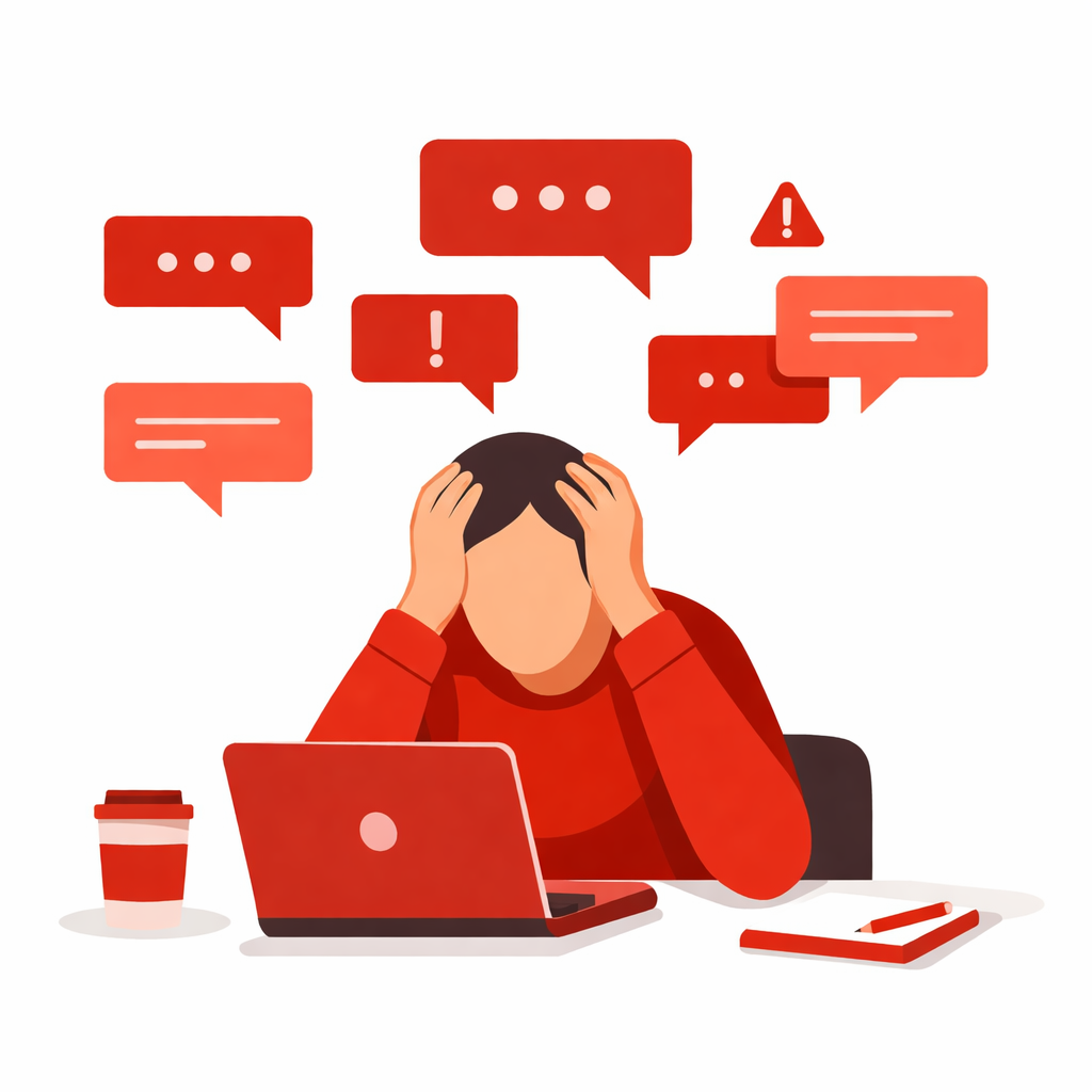 Vendedor estresado respondiendo mensajes